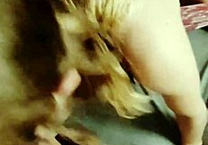 The blonde slut eagerly sucks a huge cock and rims his ass until he drenches her in hot cum