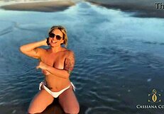 Brunette babe goes on the beach with her friends in their birthday suits