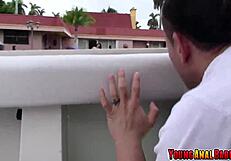 Kimber woods sunbathes oiled by pool, ass fucked by voyeur