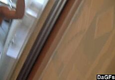 In this video, a stunning teen explores her body in front of the mirror