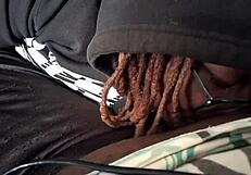 i'm giving my fat ebony bbw husband a pov blowjob in the middle of the day, leading to a cumshot