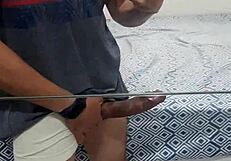 soldadogoza jerks off his big cock and cums in the mirror 😏