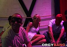 blonde amateur babe in orgy fingering and masturbating before swallowing cum in mouth during gangbang