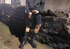 Public doggystyle with petite teen on emergency stairs