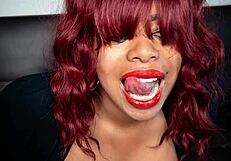 horny mom with red lips craves sucking her dildo toy