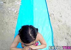 Asian teen Mina Moon with glasses outdoors