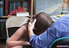 Cute teen shoplifter bends over for owner