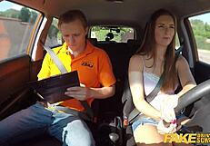 Fake driving test with beautiful brunette Jenifer Jane and her instructor