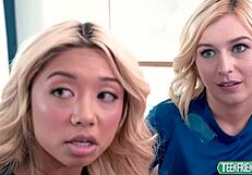 Teens repay debt with blowjobs and cowgirl rides on monster cocks