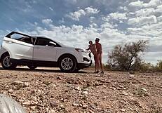 Blonde MILF caught with big cock in car, intense desert sex orgasm