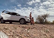 Blonde MILF caught with big cock in car, intense desert sex orgasm