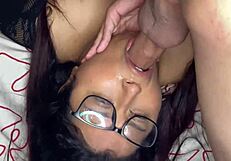 babe gives intense blowjob, face hanging with cum