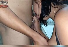 An amateur brunette of water salesman with pleasure to have an experience at water saleswoman