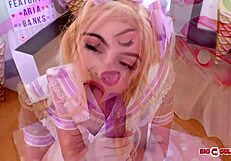 Adorable blonde Aria Banks sucking a big sex toy doll until she gets to a bigger cock