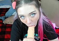 Teasing blowjob with dildo toys and vibrator