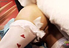 watch this busty slut fuck a bunny guy sideways on the sofa