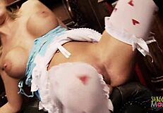 watch this busty slut fuck a bunny guy sideways on the sofa