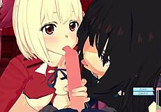 Chisato and Takina in male POV 3P hentai sex