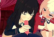 Chisato and Takina in male POV 3P hentai sex