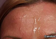 frisky bombshell gets cum shot on her face gulping all the charge