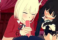 Chisato and Takina in male POV 3P hentai sex