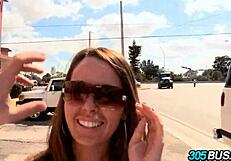 amateur blonde explores big challenge on bus