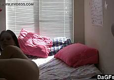 Hot brunette babe STRIPS and MASTURBATES like crazy, wow!