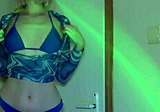 horny blonde masturbates wet after beach with small tits