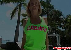 In this pov scene, the milf neighbor tugs the dick outdoors until a close-up cumshot.