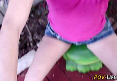 Petite amateur gives pov blowjob and handjob outdoors