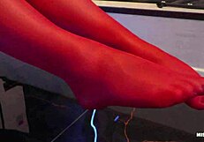 Are Those Toes Wiggling In Red Shiny Pantyhose?