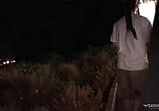 film crew catches brunette and blonde in threesome blowjob on camera