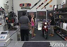 the beautiful woman accepts cash for rough shop sex, sucking and fucking wildly