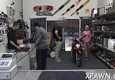 the beautiful woman accepts cash for rough shop sex, sucking and fucking wildly