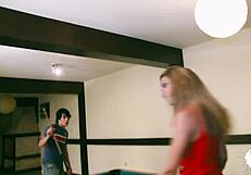 a whore engages in hardcore sex and blowjobs on the pool, ending with cumshots.