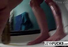 Is this hot big titty blonde teasing you in the shower? She shows off nude body.