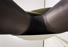 asian girl in black pantyhose makes him cum with facesitting handjob