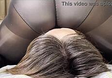 asian girl in black pantyhose makes him cum with facesitting handjob