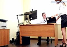 Russian femdom dominates in office with feet licking and fetish play