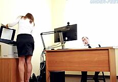 Russian femdom dominates in office with feet licking and fetish play