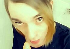 Oh wow, this sexy shemale on her knees loves sucking that big cock so much!