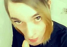 Oh wow, this sexy shemale on her knees loves sucking that big cock so much!