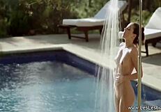 Beautiful milf lesbians masturbate with toys by pool