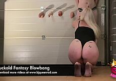 Can this chastity cuckold handle blonde blowbang teasing