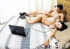 amateur couple relaxing with fingering and blowjob on voyeur-house tv