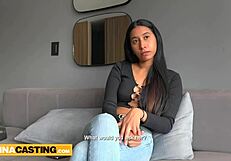 Innocent latina with natural tits rides big dick homemade.