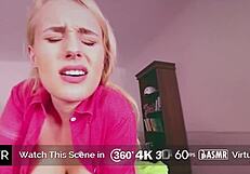 Blonde stepsister with big tits gives emotional blowjob at midnight