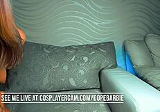 fully tattooed barbie chick teases on webcam with wild fingering. her cosplay costume drives fans crazy with every slutty move.