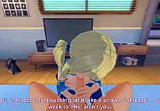 Lucy says, 'Take my big tits while I stroke your cock.'