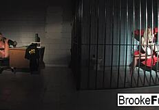 Blonde pornstar Brooke Banner plays cop and inmate in hardcore fucking with blowjob and cumshot